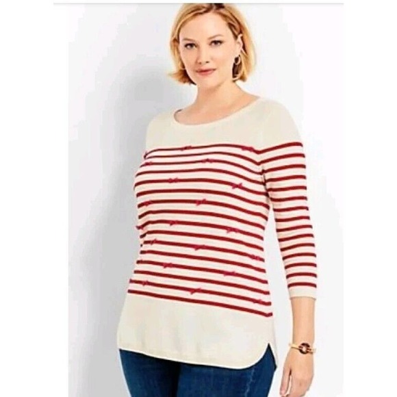 TALBOTS Red Ivory Bows w/jewels Striped Sweater Size Large cotton round neck - Picture 2 of 10